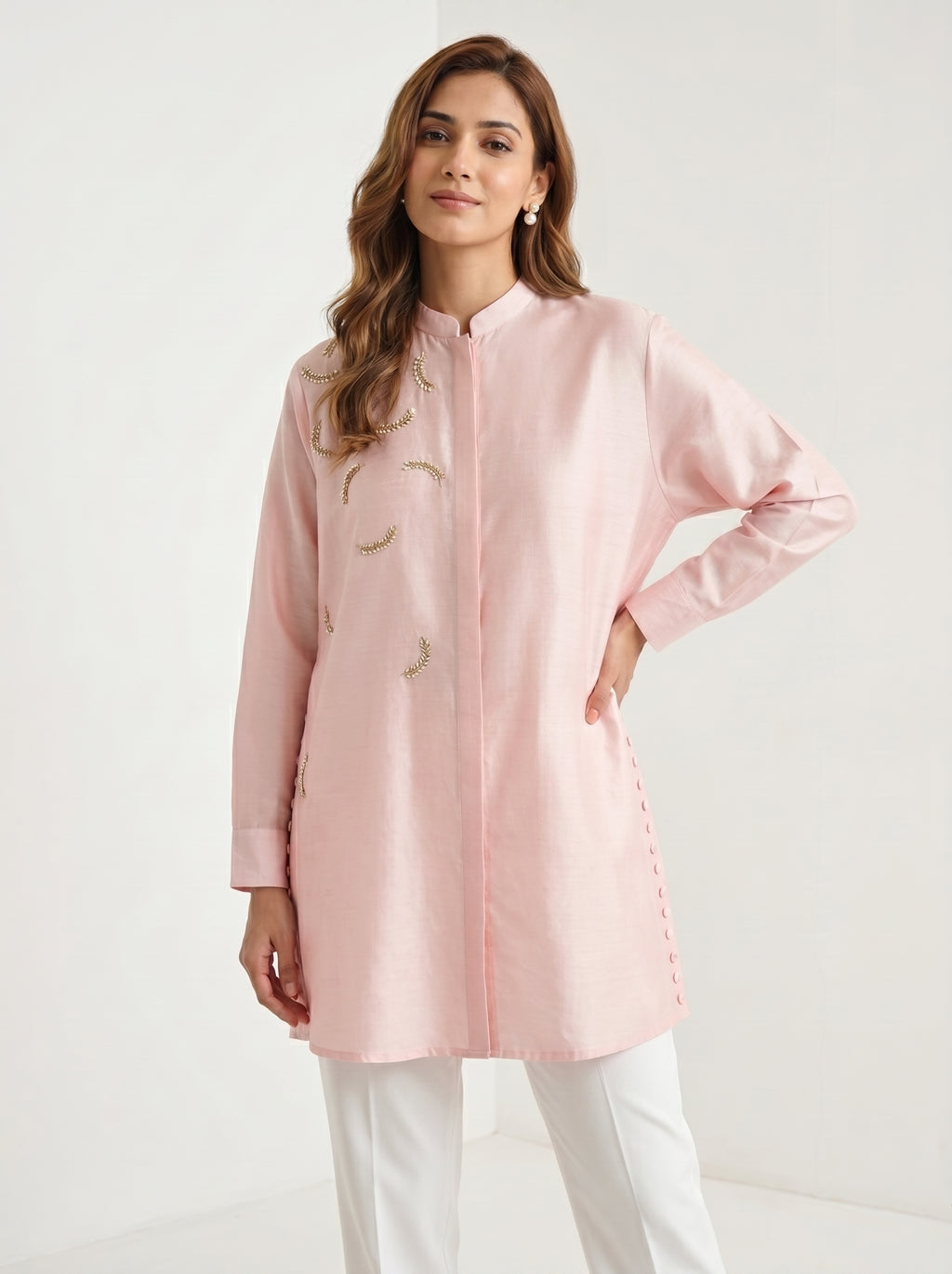 Dupion Silk Sequin Pearl Leaf Embroidery Shirt – Light Pink | Women's Designer Ethnic Wear