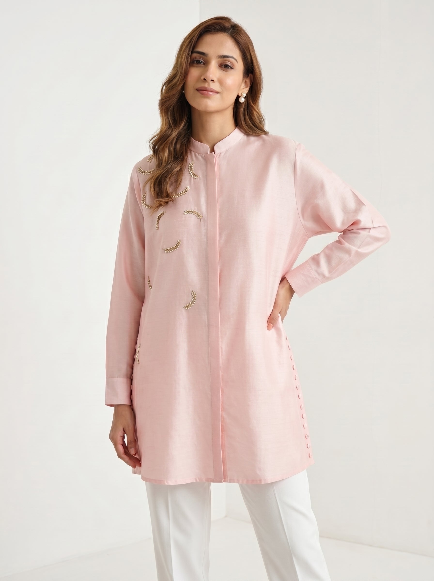 Dupion Silk Sequin Pearl Leaf Embroidery Shirt – Light Pink | Women's Designer Ethnic Wear