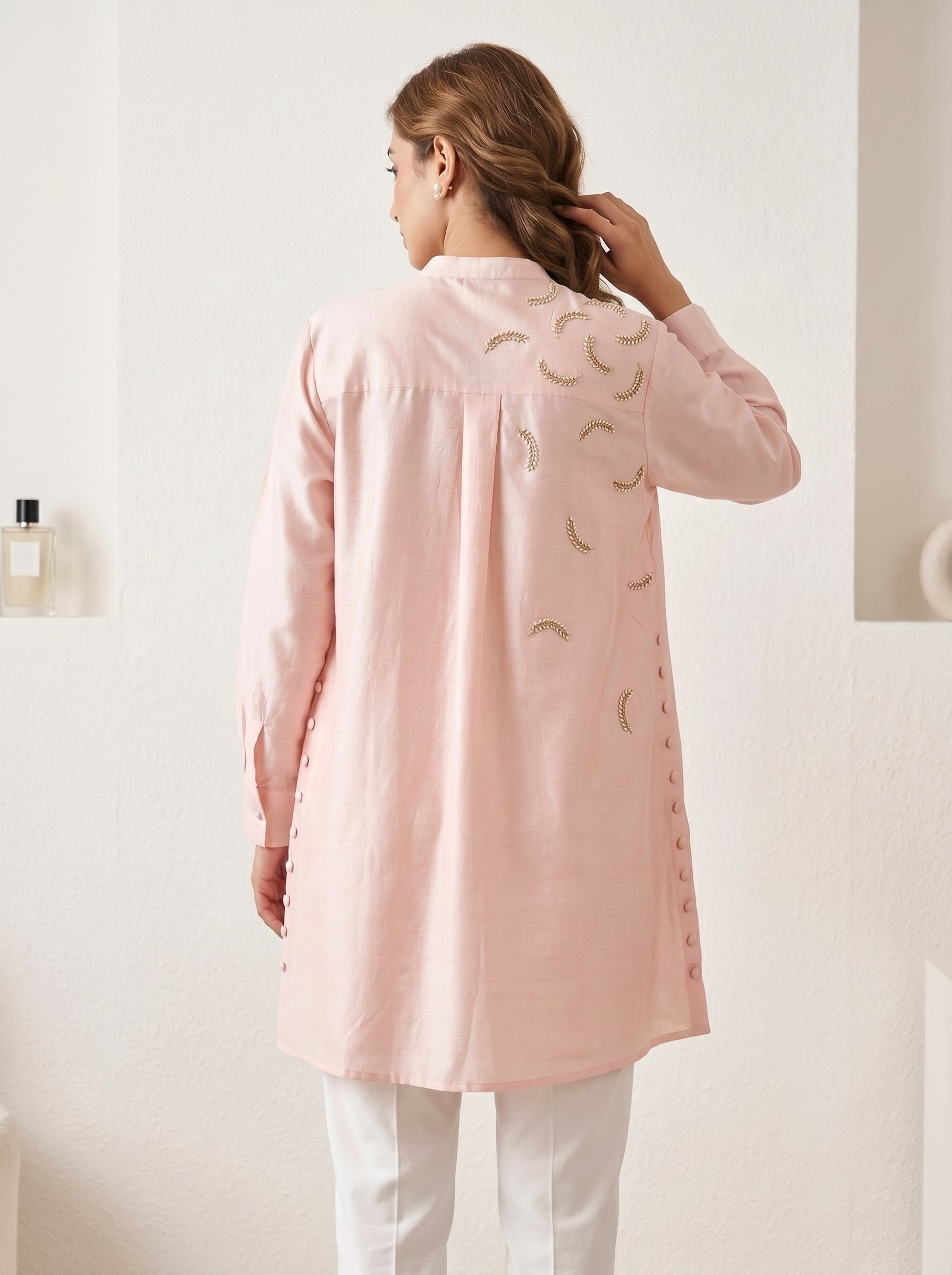 Dupion Silk Sequin Pearl Leaf Embroidery Shirt – Light Pink | Women's Designer Ethnic Wear