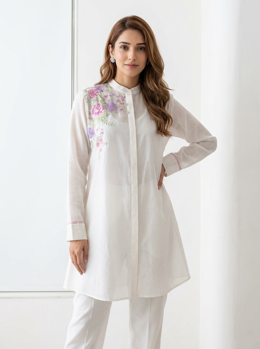 Chanderi Oriental Bloom Embroidery Shirt – Off White