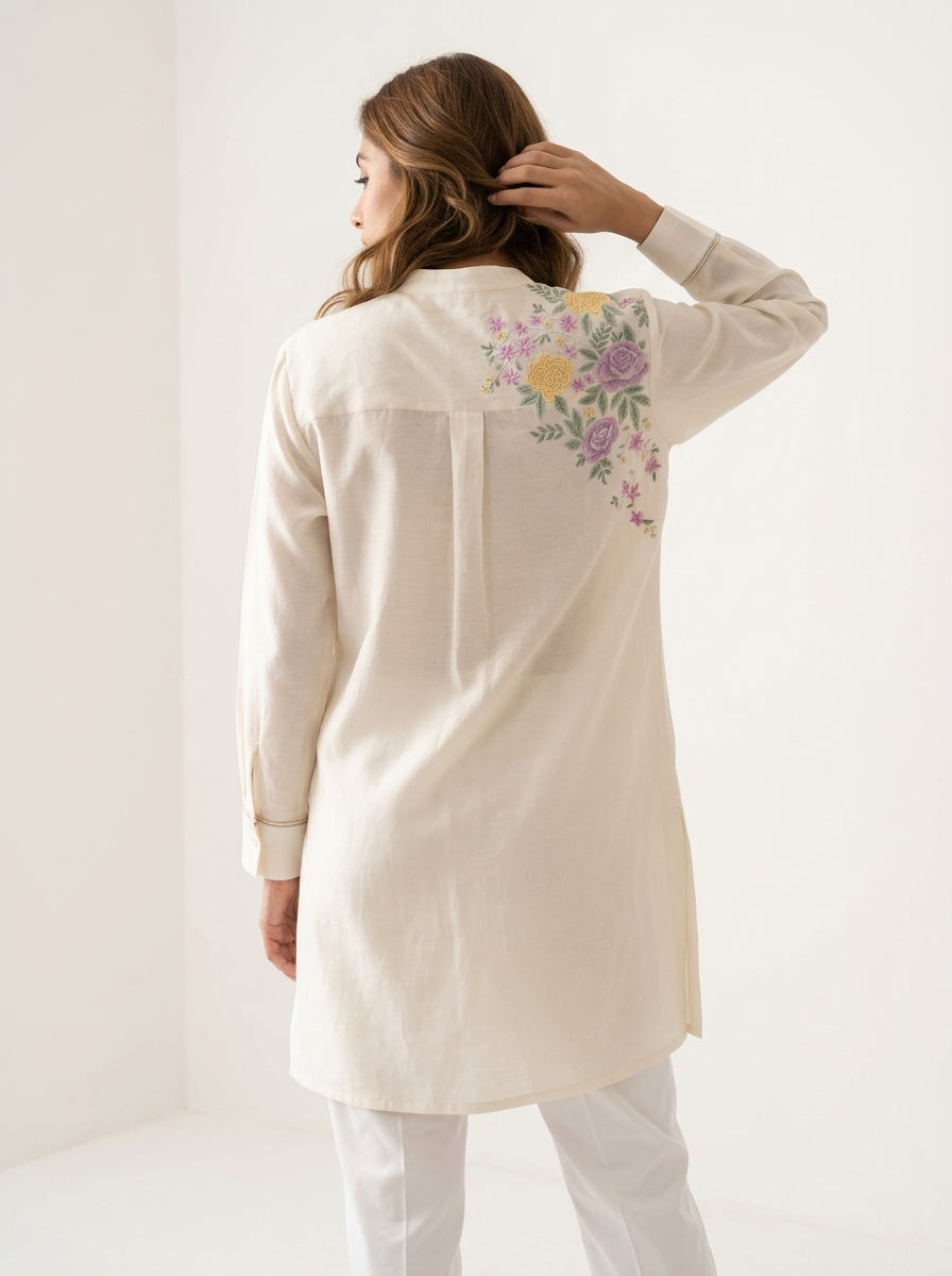 Chanderi Oriental Bloom Embroidery Shirt – Off White | Women's Designer Ethnic Wear