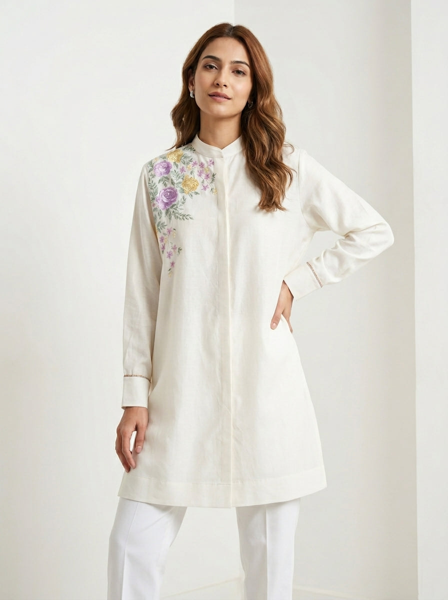 Chanderi Oriental Bloom Embroidery Shirt – Off White | Women's Designer Ethnic Wear