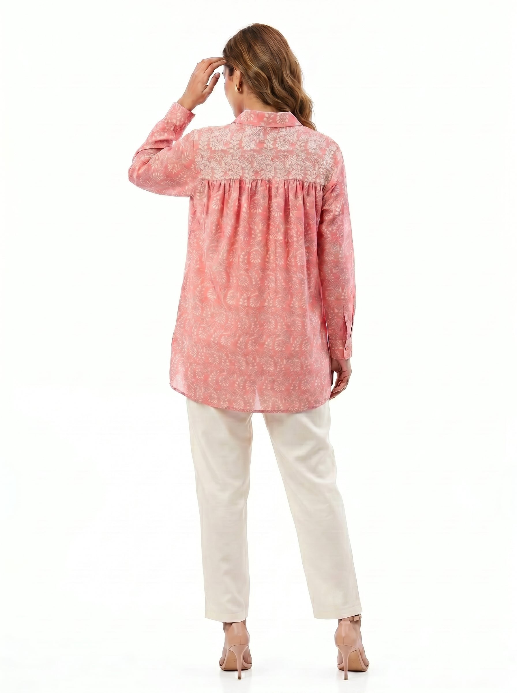 Chanderi Rajnigandha Gadh Jaal Print Shirt with Dori Embroidery Yoke & Cotton Silk Trouser Co-ord Set – Light Pink & Off White | Women's Designer Ethnic Wear
