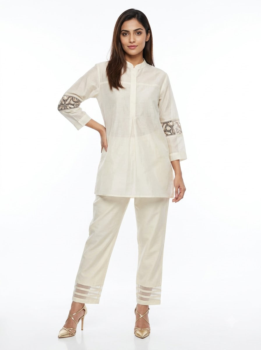 Chanderi Co-Ord Set – Off-White | Geometric Tulip Resham Border Embroidery on Tunic with Organza-Stripe Cotton Silk Trousers | Women’s Designer Festive Co-Ord