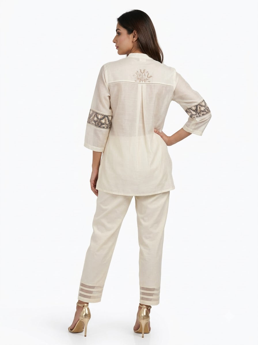 Chanderi Co-Ord Set – Off-White | Geometric Tulip Resham Border Embroidery on Tunic with Organza-Stripe Cotton Silk Trousers | Women’s Designer Festive Co-Ord