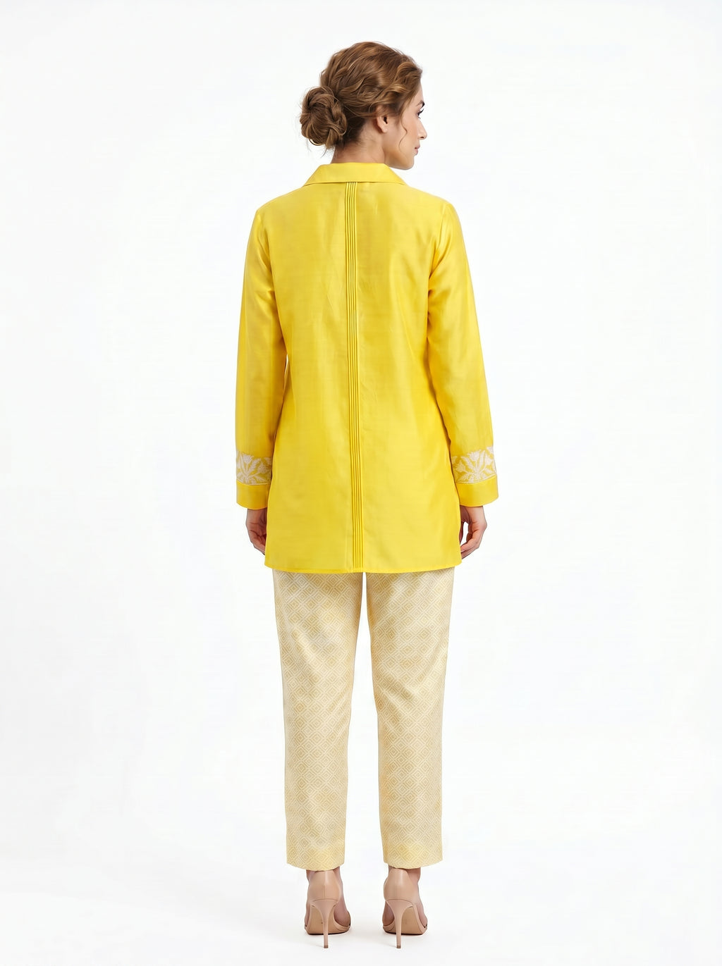 Chanderi Geometric Tulip Border Applique Embroidery Shirt & Printed Cotton Silk Trouser Co-ord Set – Yellow & Off White | Women's Designer Ethnic Wear