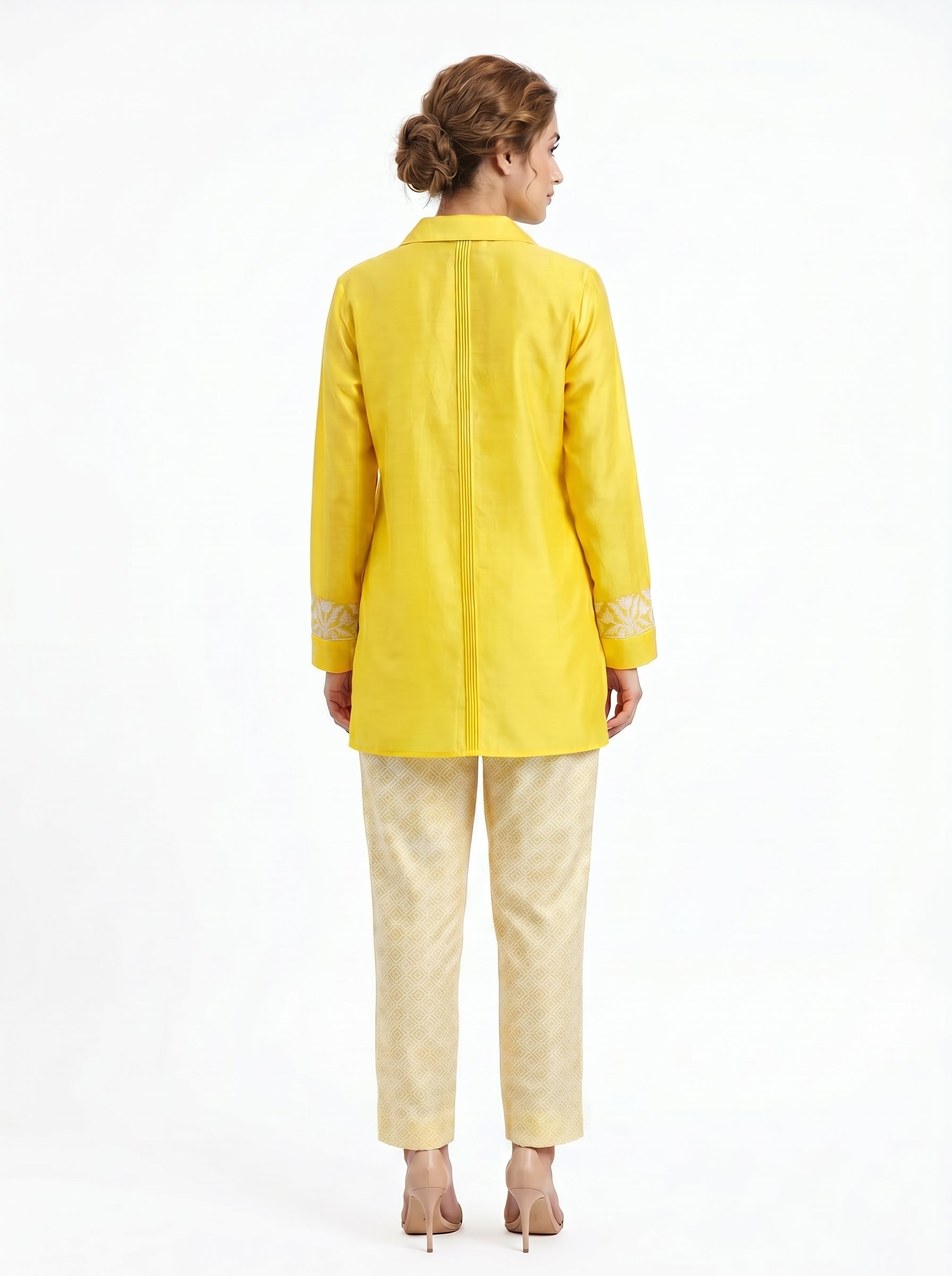 Chanderi Geometric Tulip Border Applique Embroidery Shirt & Printed Cotton Silk Trouser Co-ord Set – Yellow & Off White | Women's Designer Ethnic Wear