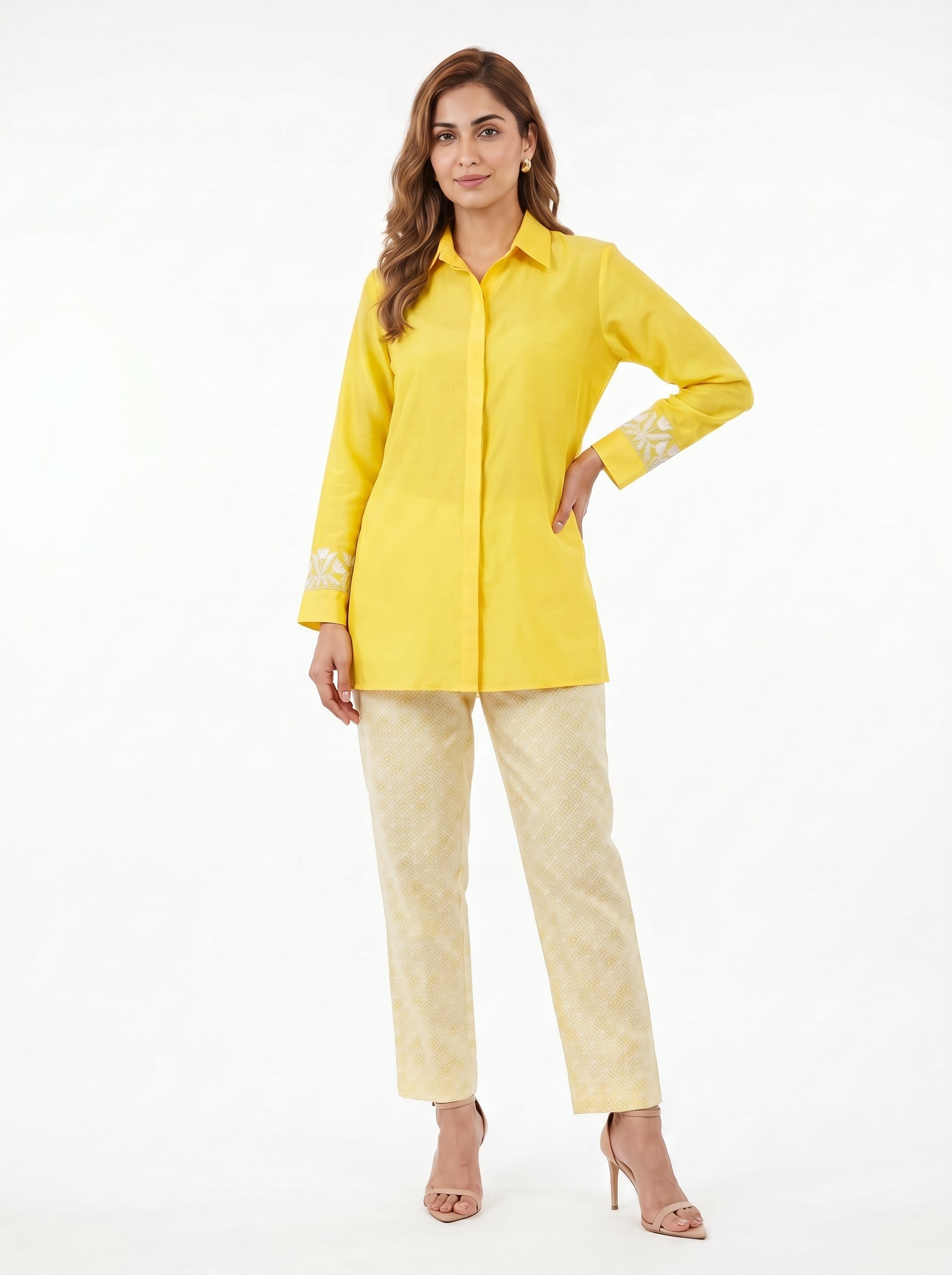 Chanderi Geometric Tulip Border Applique Embroidery Shirt & Printed Cotton Silk Trouser Co-ord Set – Yellow & Off White | Women's Designer Ethnic Wear