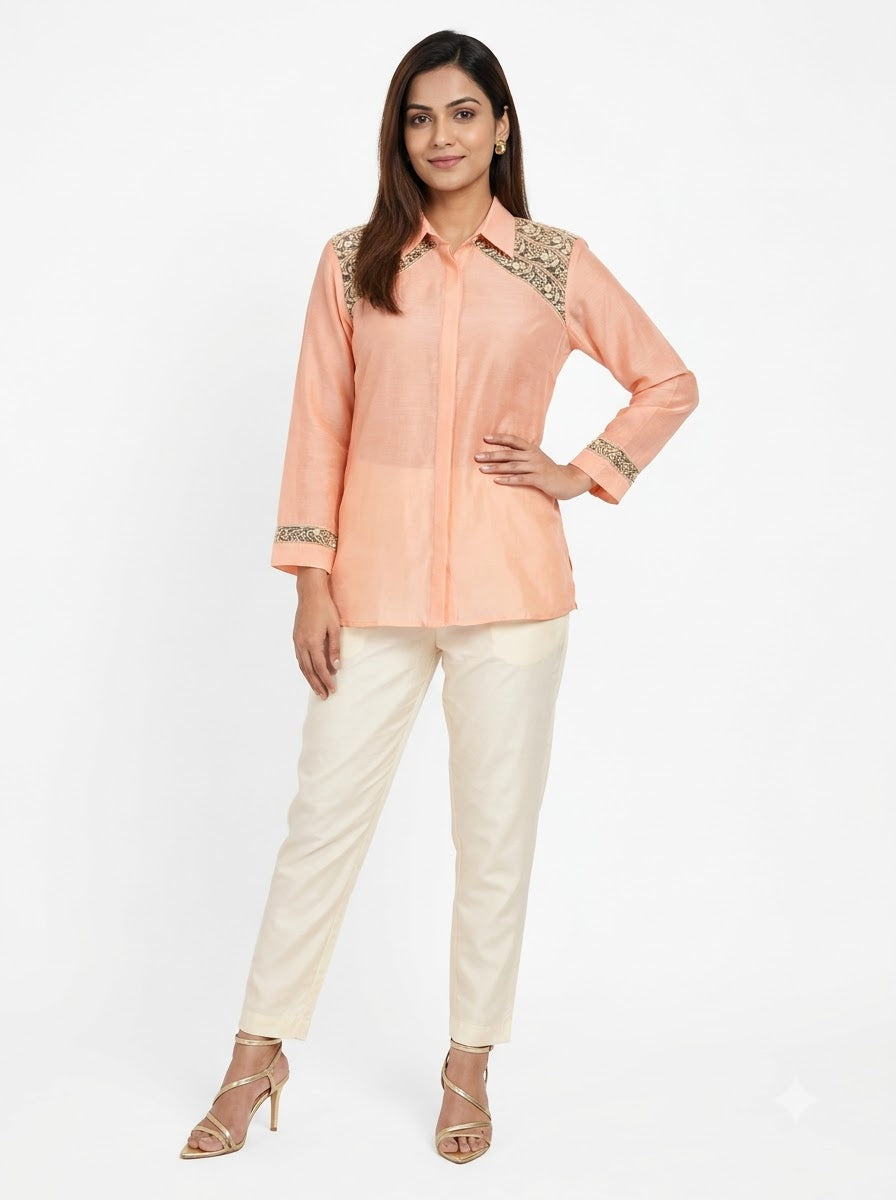 Chanderi Co-Ord Set – Peach | Organza & Resham Floral Border Embroidery on Shirt with Cotton Silk Trousers in Off-White | Women’s Designer Festive Co-Ord