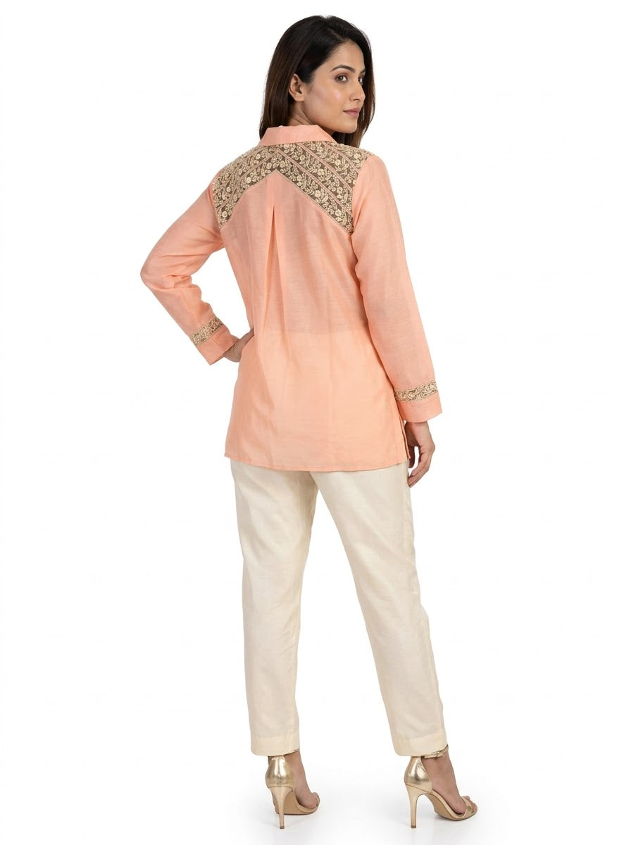 Chanderi Co-Ord Set – Peach | Organza & Resham Floral Border Embroidery on Shirt with Cotton Silk Trousers in Off-White | Women’s Designer Festive Co-Ord