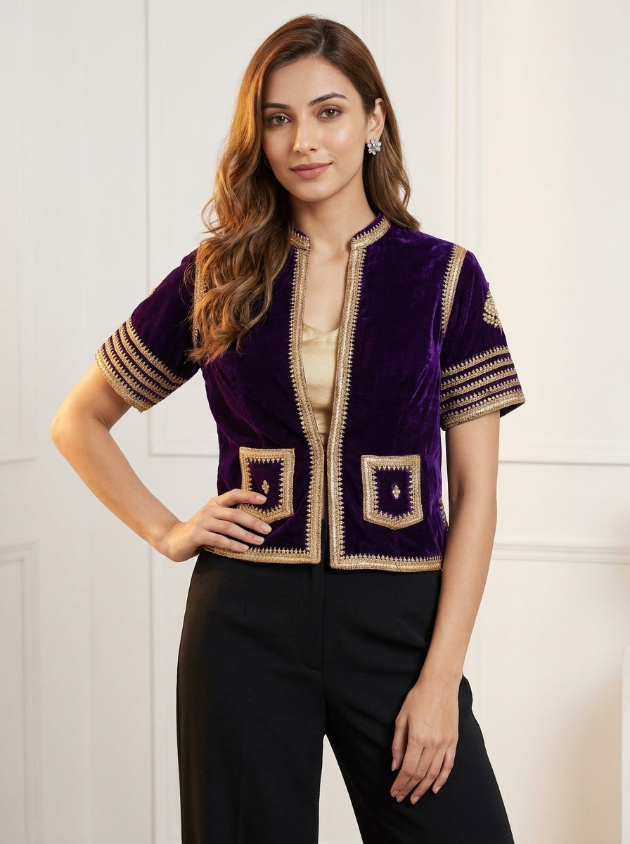Velvet Dori Embroidery Small Flower Buti Jacket - Purple