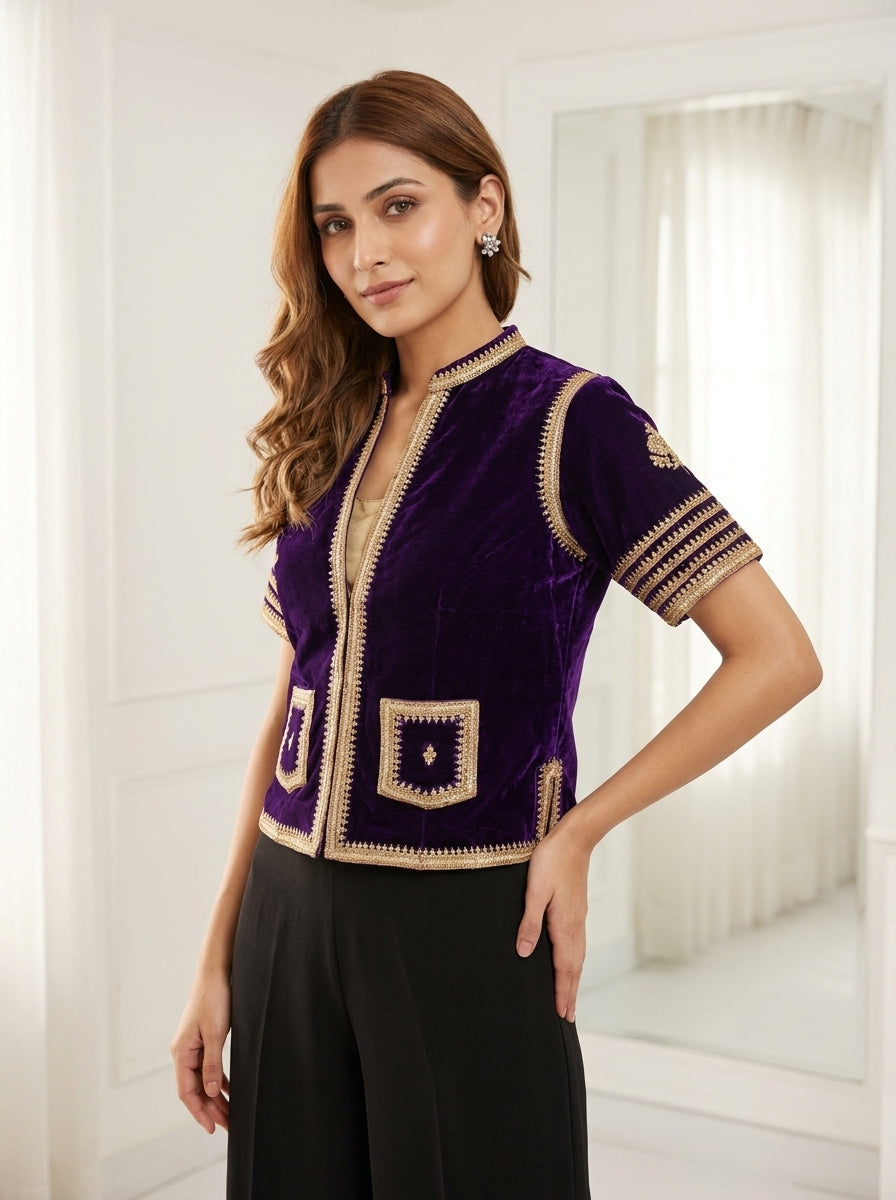 Velvet Dori Embroidery Small Flower Buti Jacket - Purple