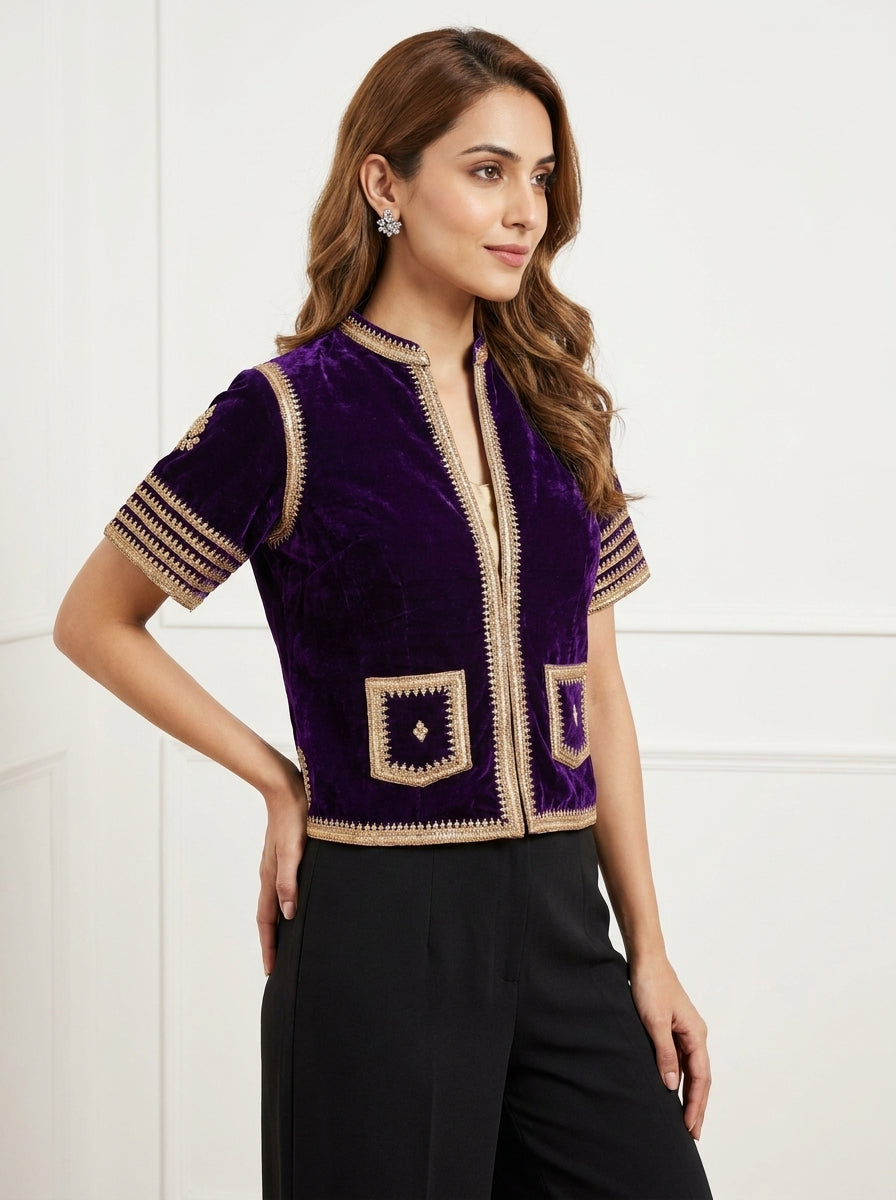 Velvet Dori Embroidery Small Flower Buti Jacket - Purple