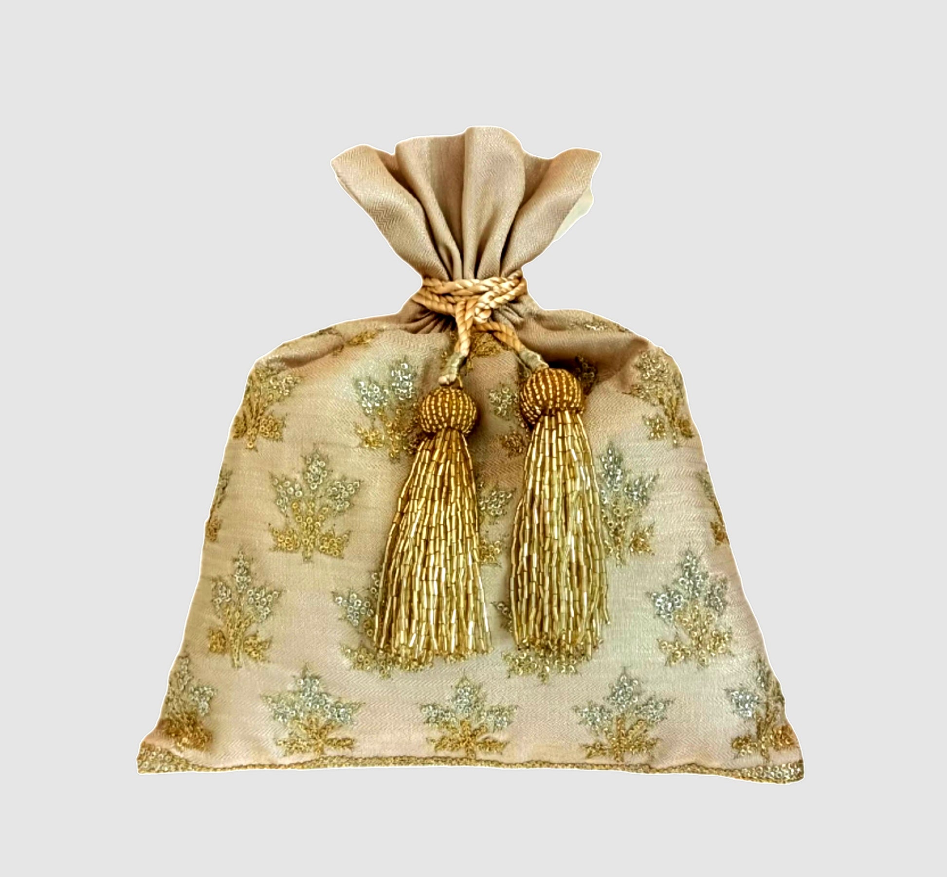 Brocade Herringbone Phool Patti Design Embroidery Gold Potli