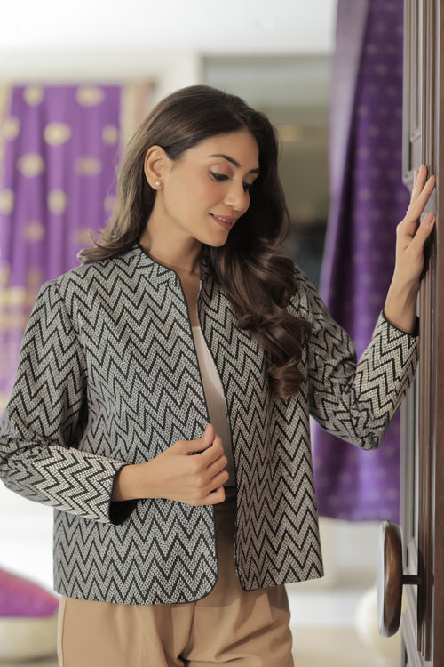 Cotton Linen Off-White Broken Herringbone Print With Chawal Taka Jacket