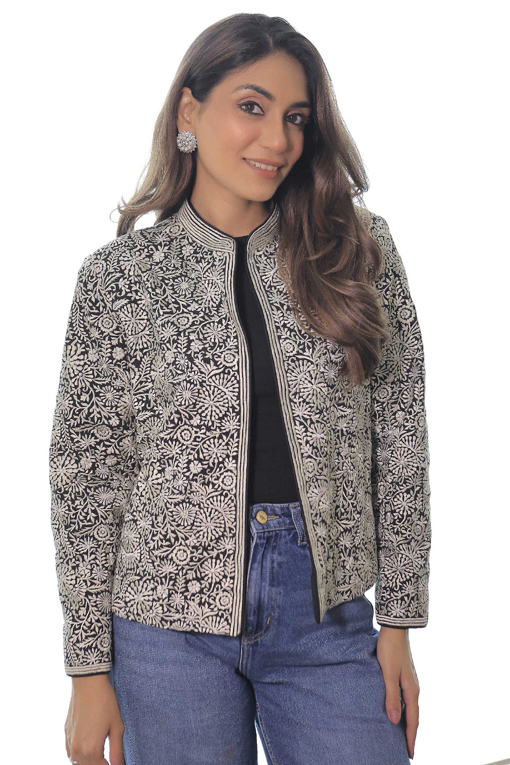 Cotton Linen Flower Blossom Resham Embroidery Jacket Black