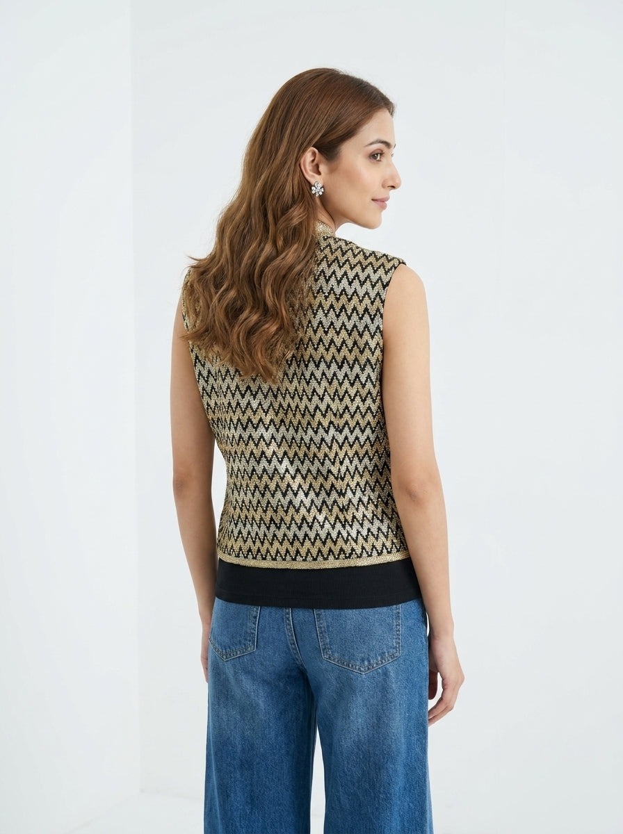 Dupion Silk Sleavless Zig-Zag Embroidered Jacket - Black