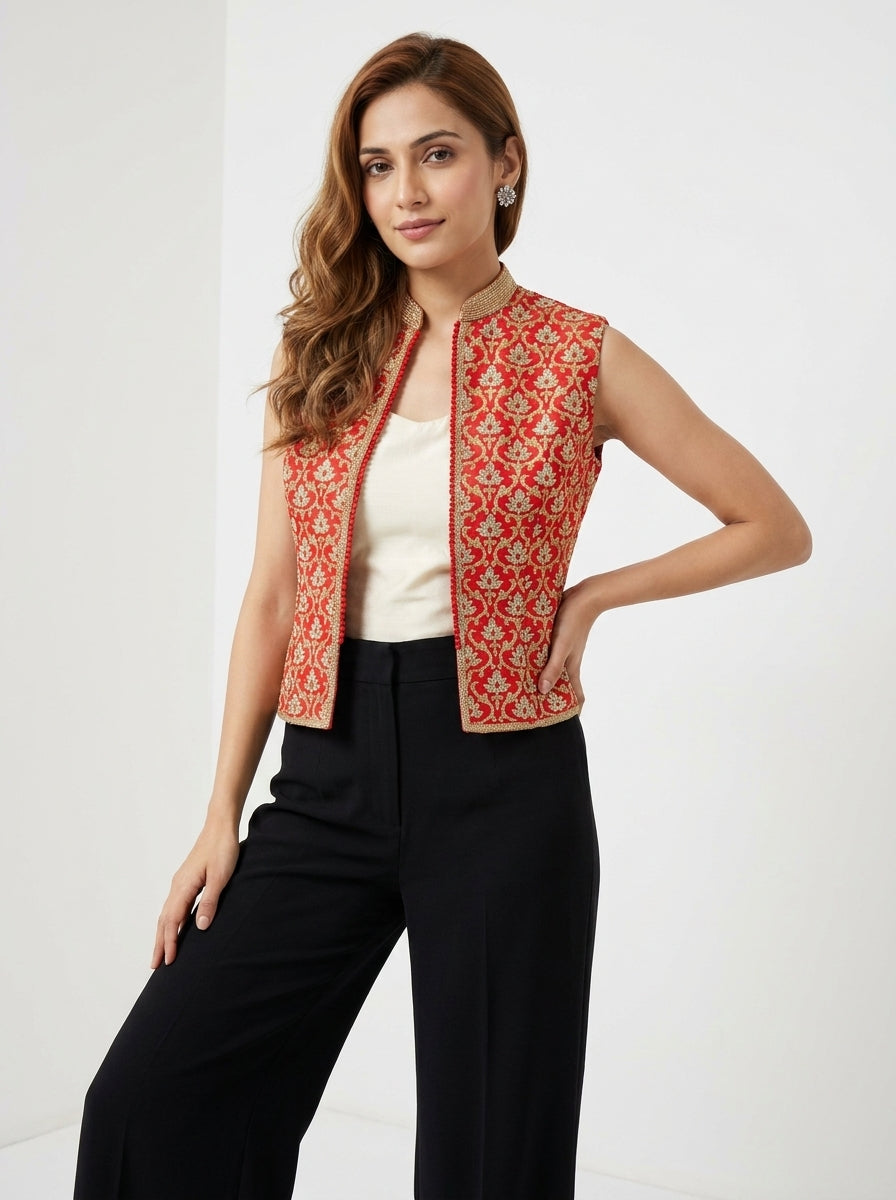 Dupion Silk Sleavless Kasmiri Jaal Embroidered Jacket - Red