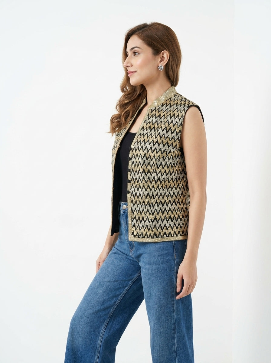 Dupion Silk Sleavless Zig-Zag Embroidered Jacket - Black
