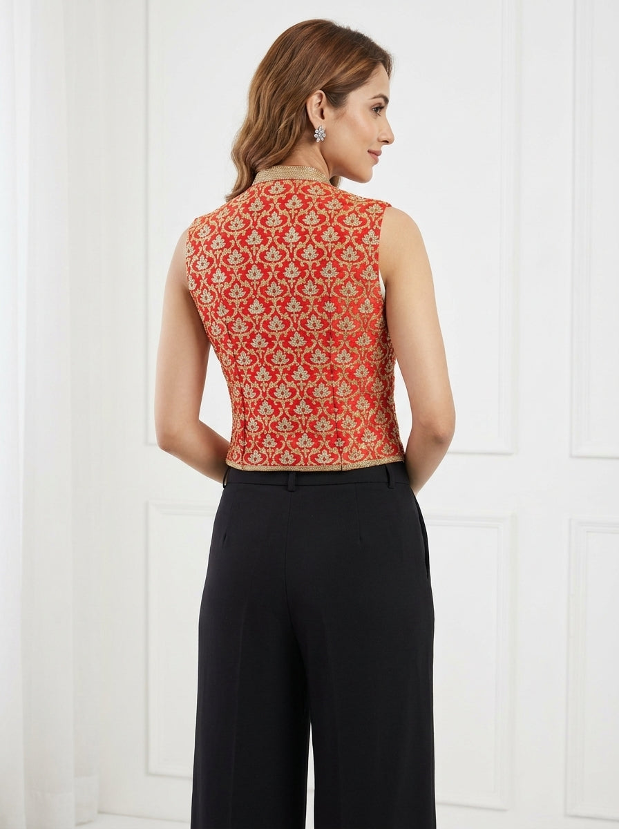 Dupion Silk Sleavless Kasmiri Jaal Embroidered Jacket - Red