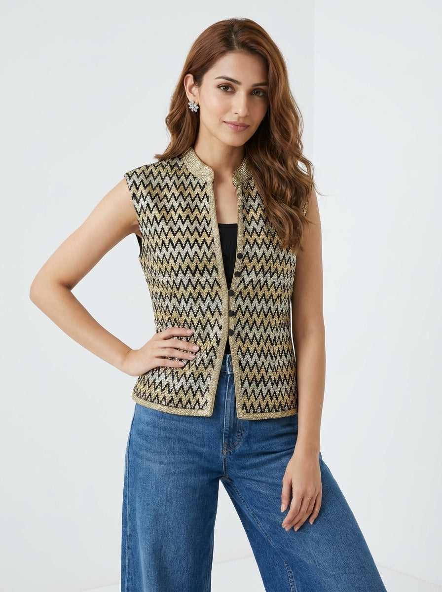 Dupion Silk Sleavless Zig-Zag Embroidered Jacket - Black
