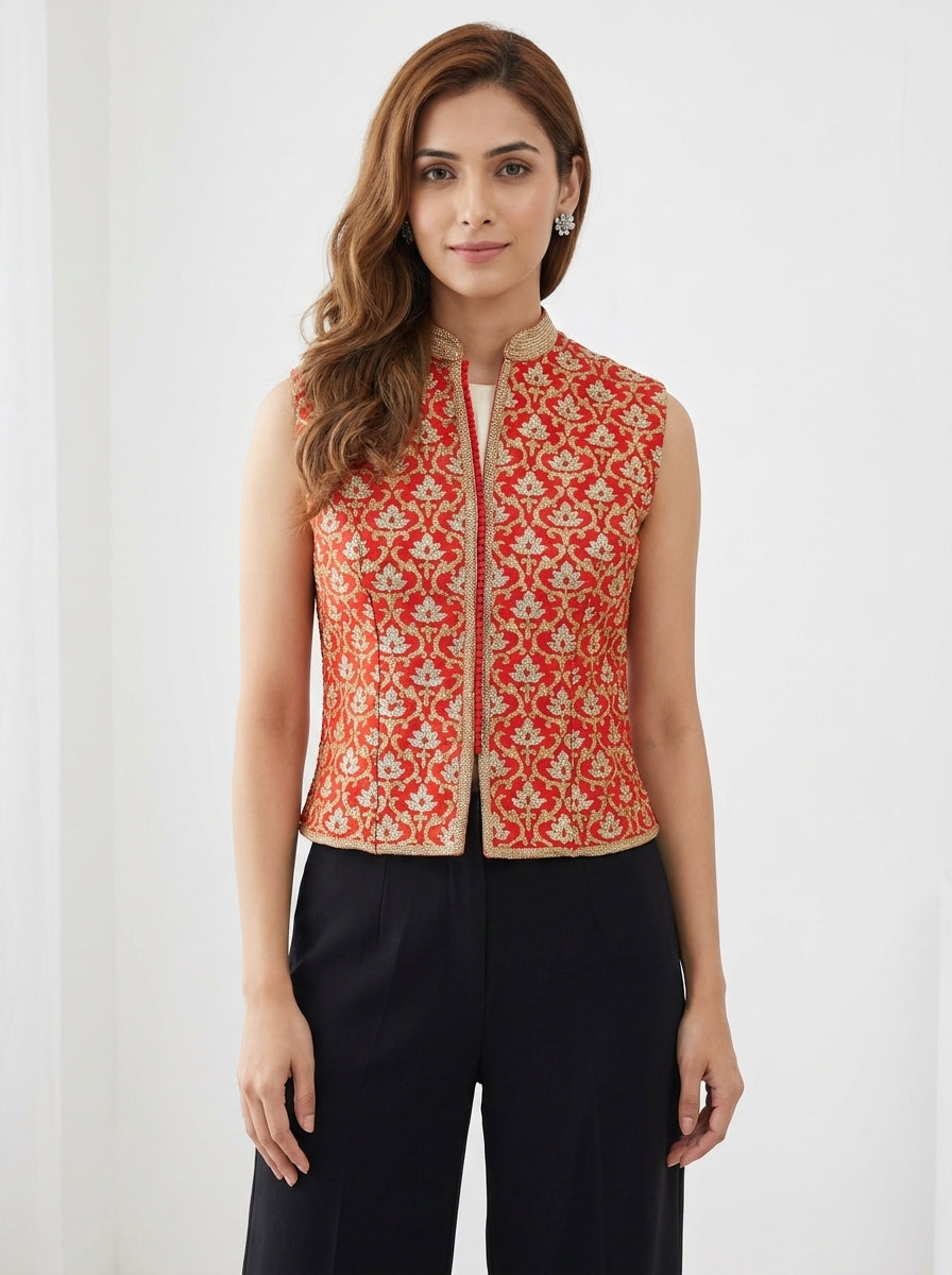 Dupion Silk Sleavless Kasmiri Jaal Embroidered Jacket - Red