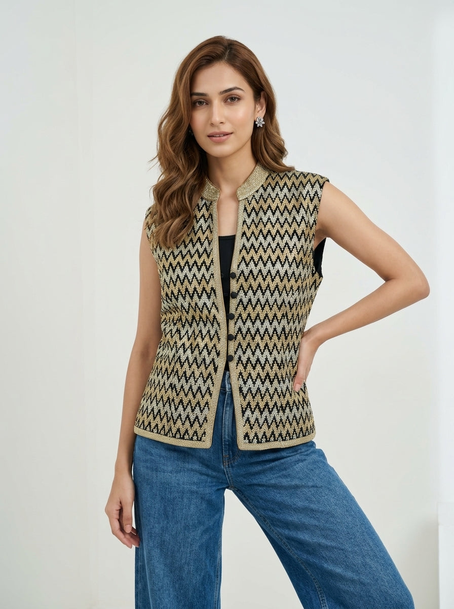 Dupion Silk Sleavless Zig-Zag Embroidered Jacket - Black