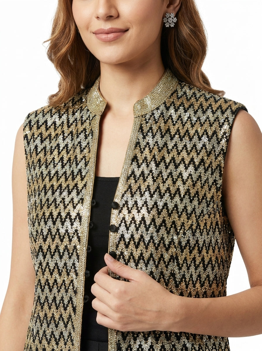 Dupion Silk Sleavless Zig-Zag Embroidered Jacket - Black