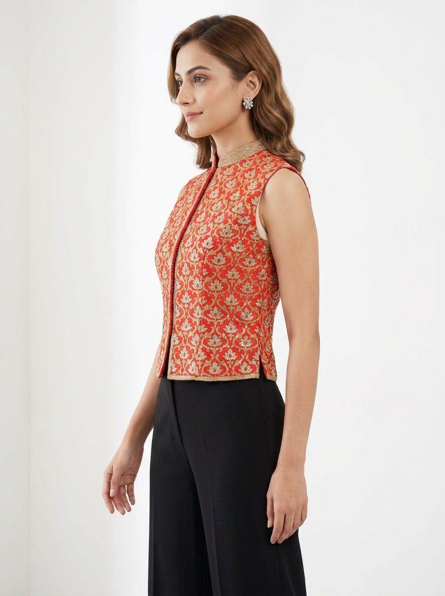 Dupion Silk Sleavless Kasmiri Jaal Embroidered Jacket - Red