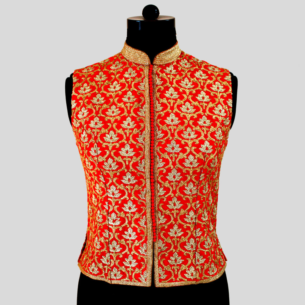 Dupion Silk Kasmiri Jaal Embroidered Red Jacket