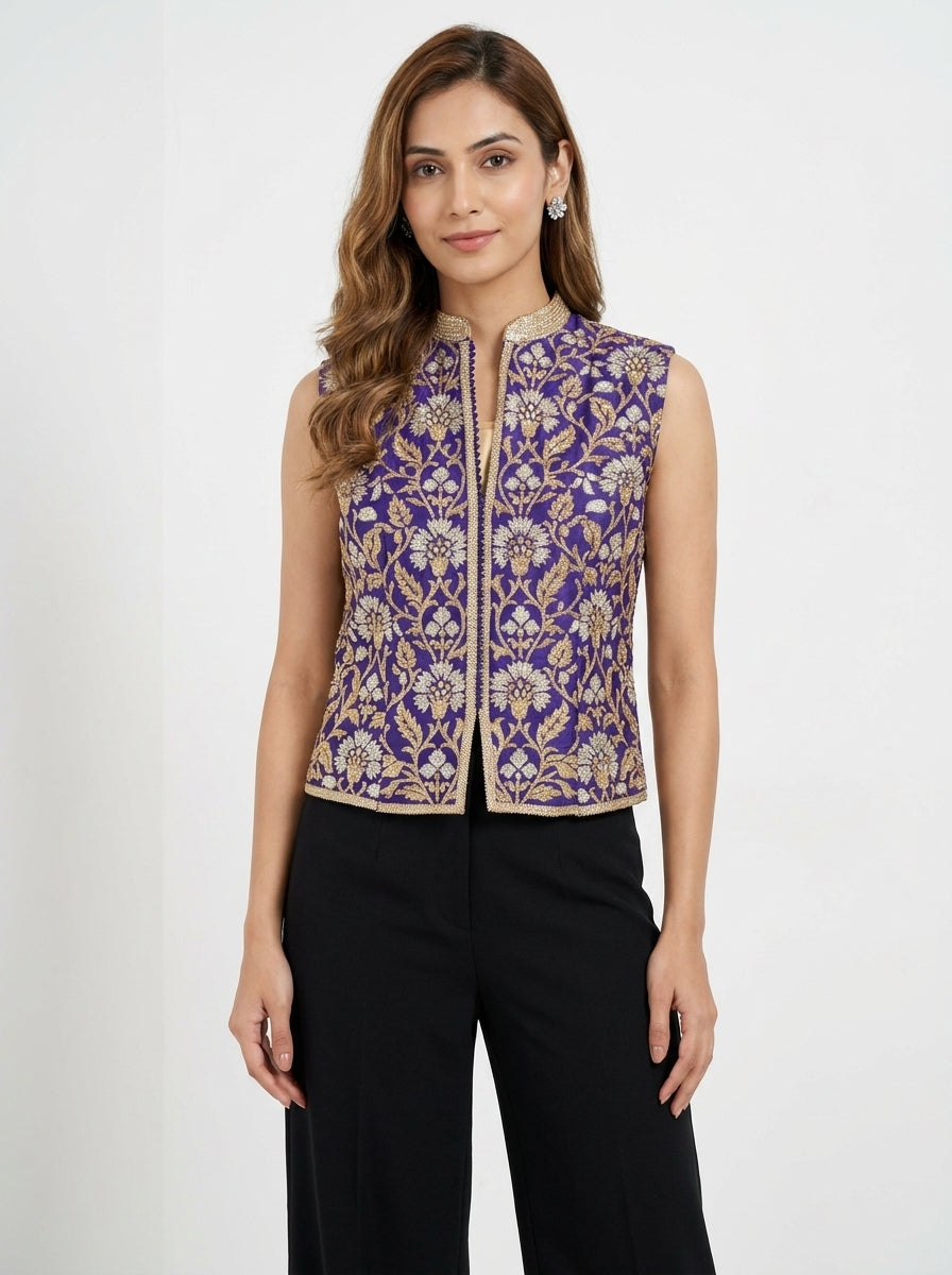 Dupion Silk Sleavless New Mughal Jaal Embroidered Jacket - Blue