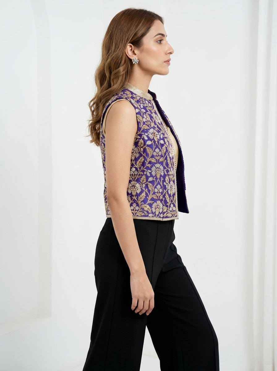 Dupion Silk Sleavless New Mughal Jaal Embroidered Jacket - Blue