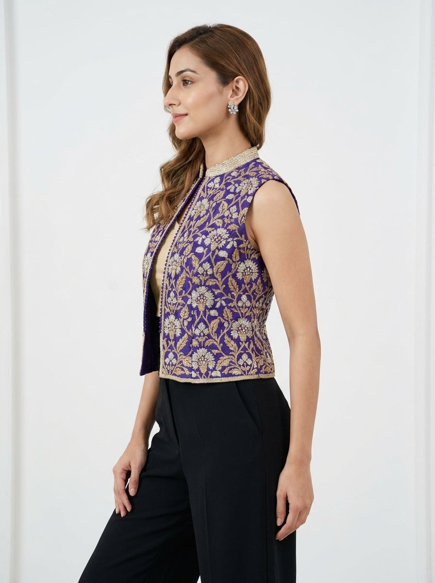 Dupion Silk Sleavless New Mughal Jaal Embroidered Jacket - Blue