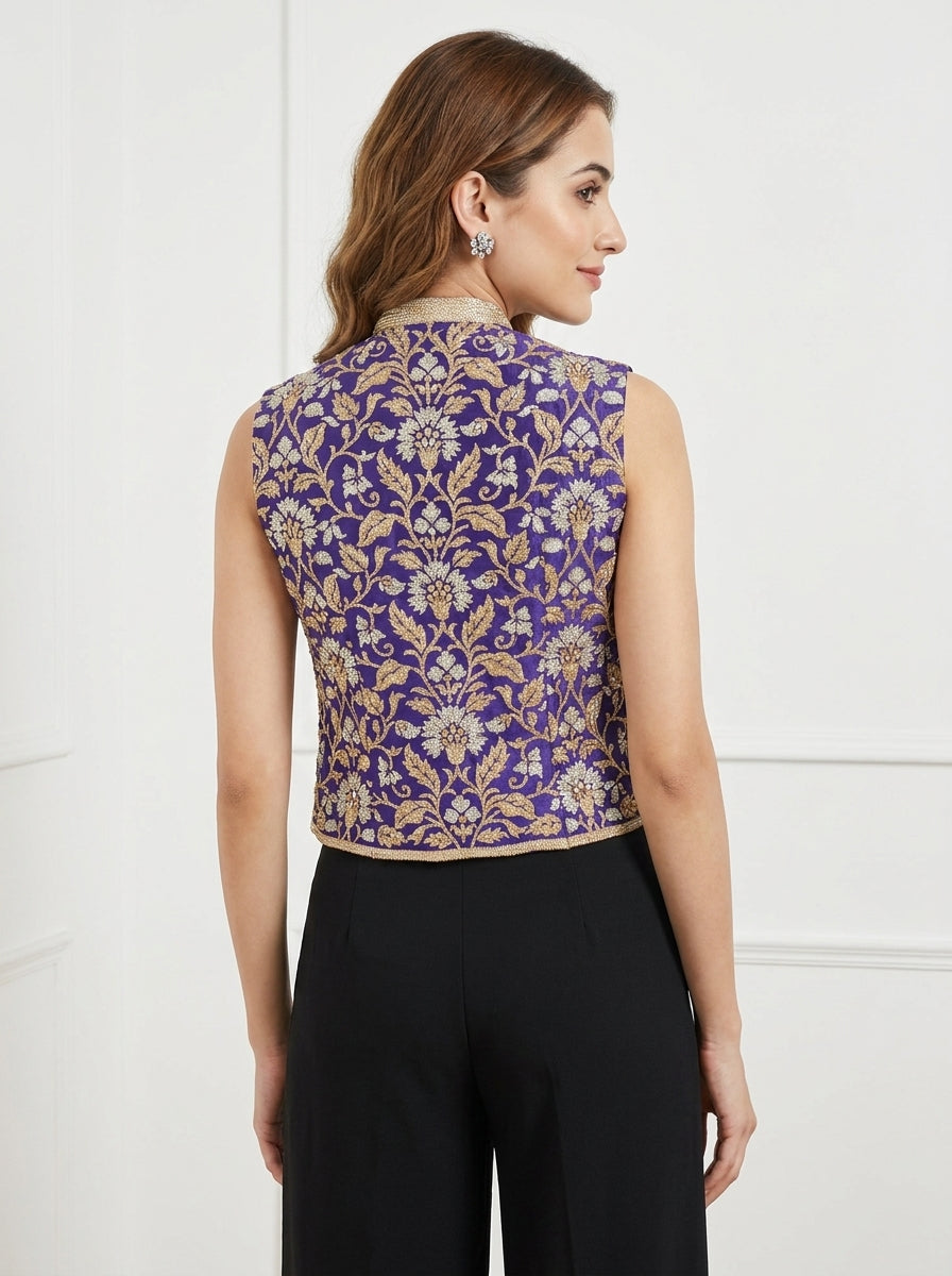 Dupion Silk Sleavless New Mughal Jaal Embroidered Jacket - Blue