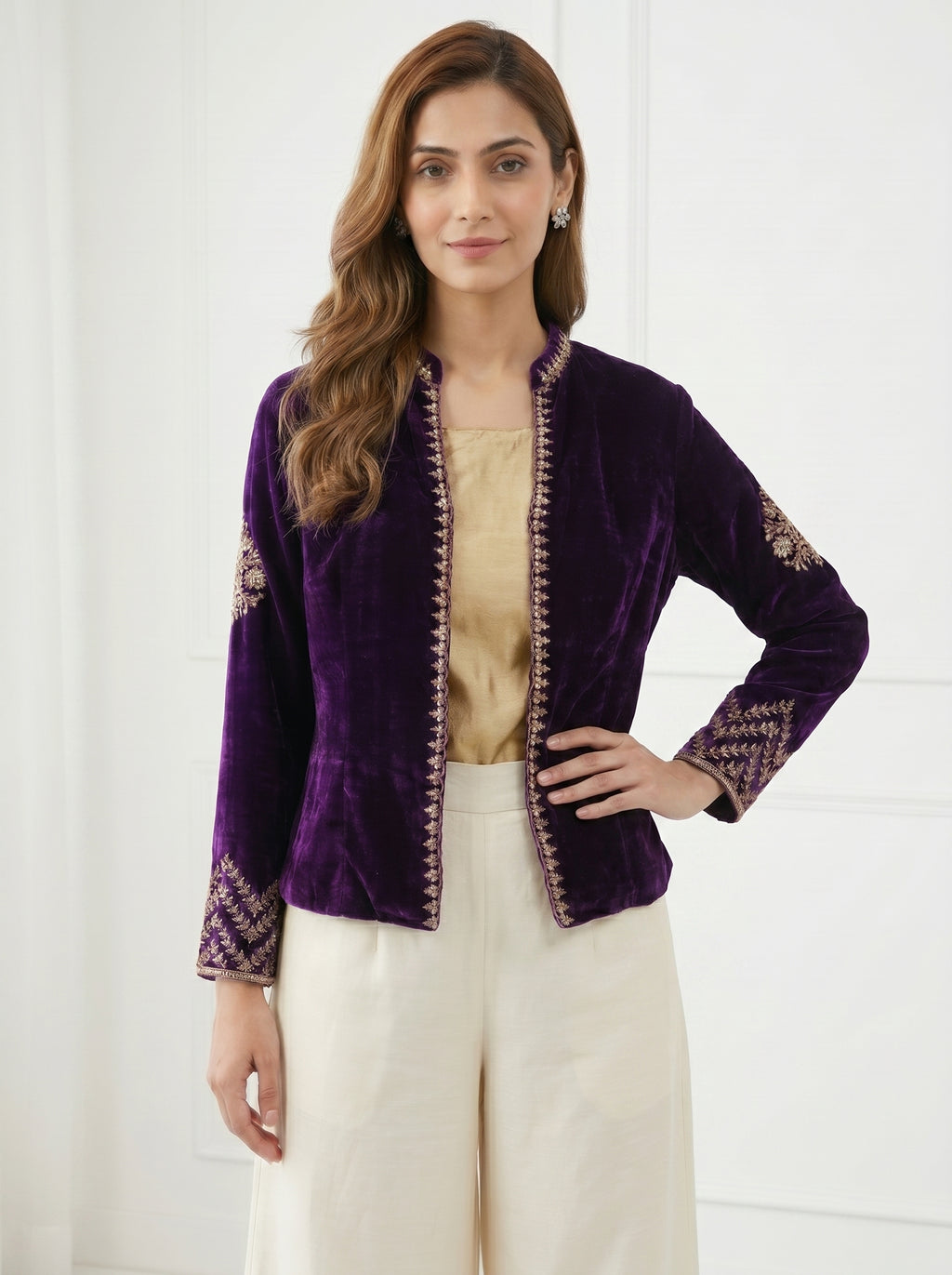 Velvet Dori Embroidered Paan Buta Jacket - Purple