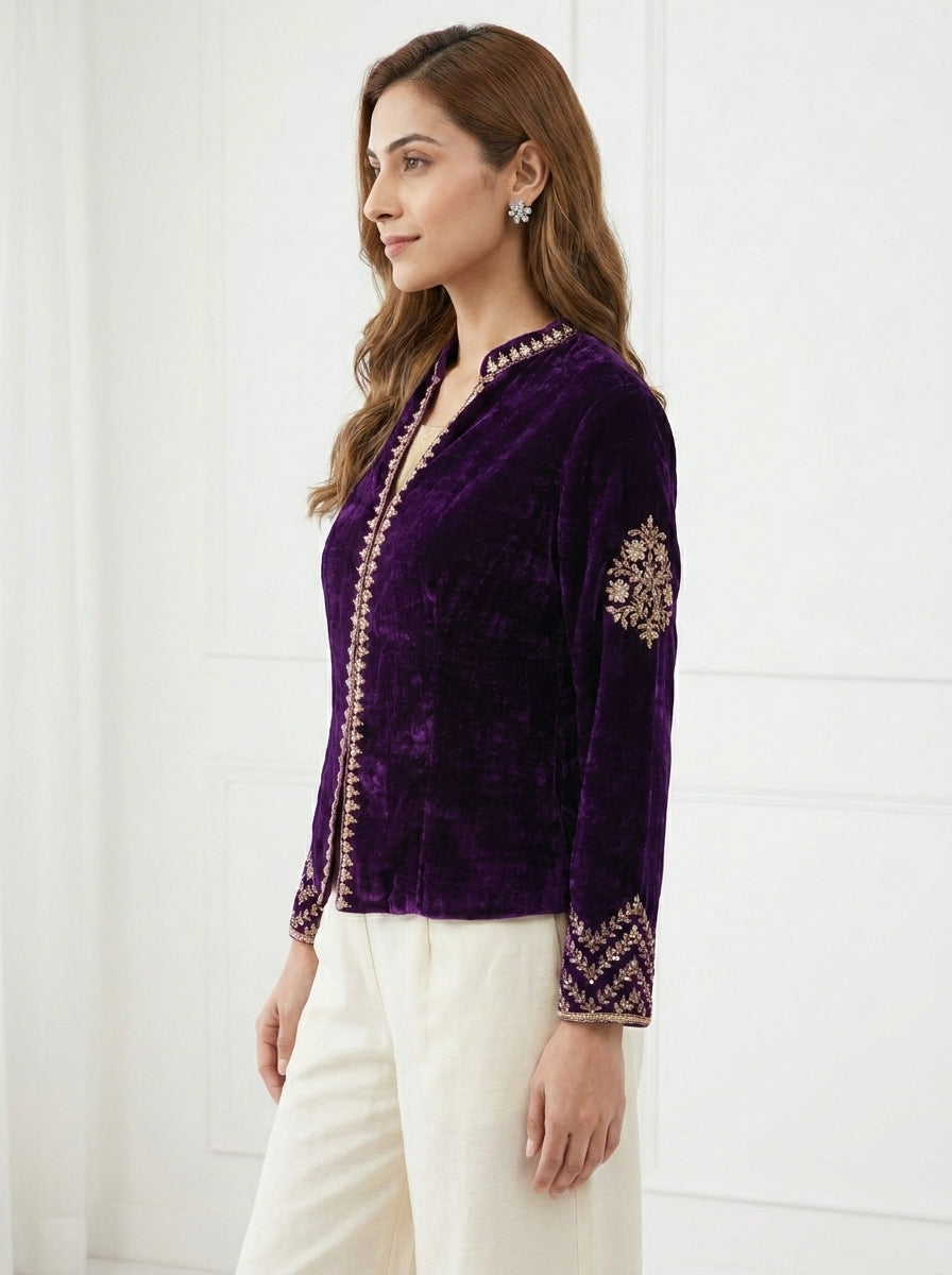 Velvet Dori Embroidered Paan Buta Jacket - Purple