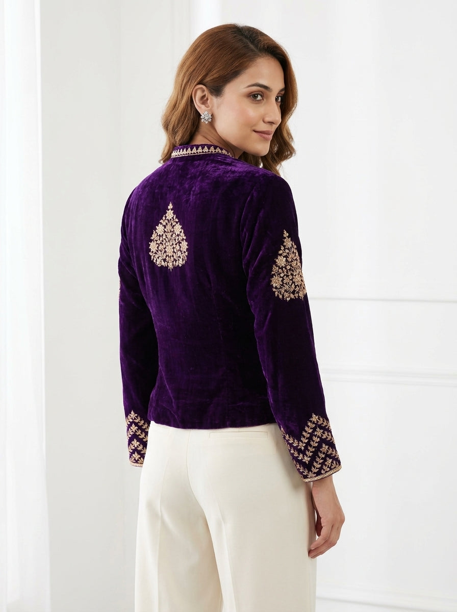 Velvet Dori Embroidered Paan Buta Jacket - Purple