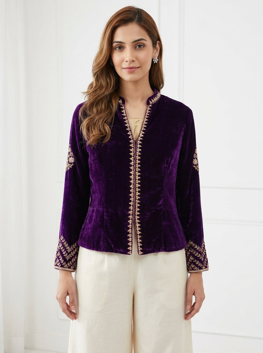 Velvet Dori Embroidered Paan Buta Jacket - Purple