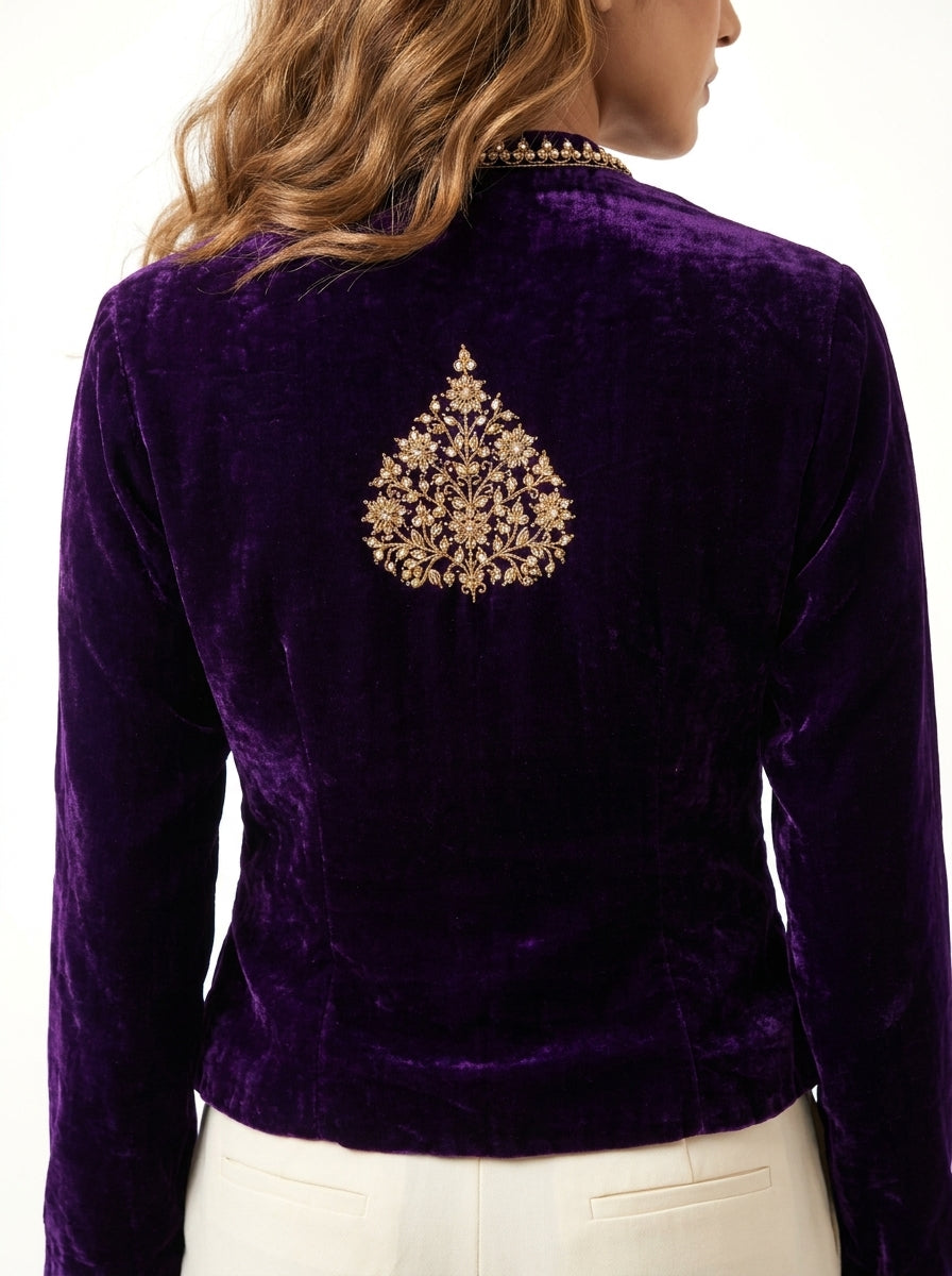Velvet Dori Embroidered Paan Buta Jacket - Purple