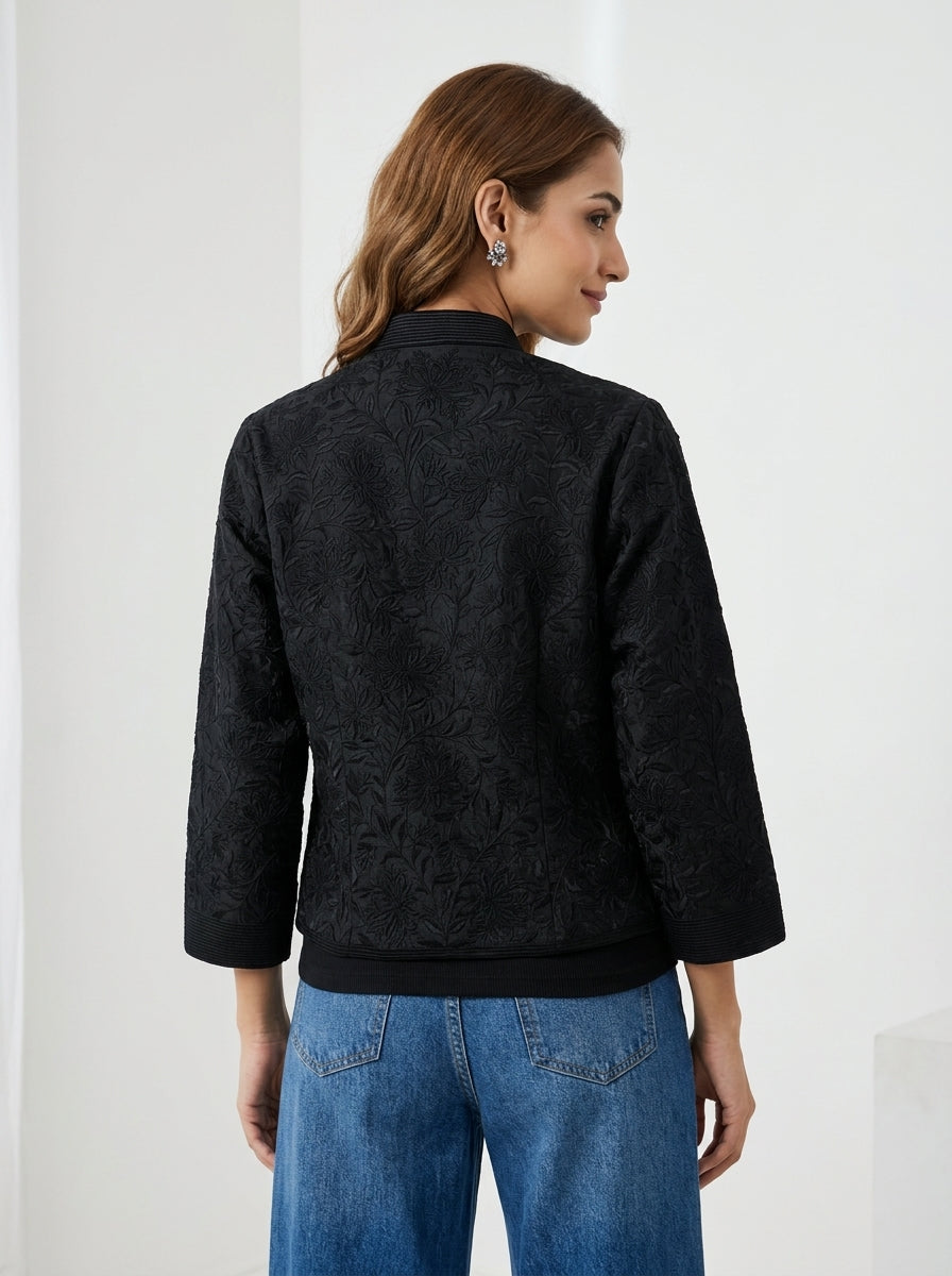 Dupion Silk Gulistan Resham Jaal Embroidered Jacket - Black