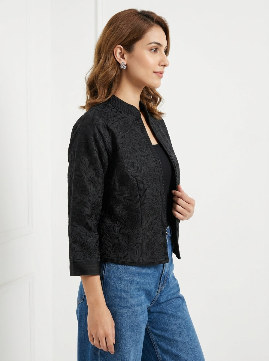 Dupion Silk Gulistan Resham Jaal Embroidered Jacket - Black