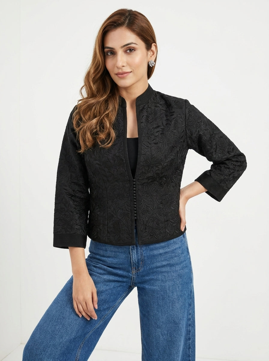 Dupion Silk Gulistan Resham Jaal Embroidered Jacket - Black