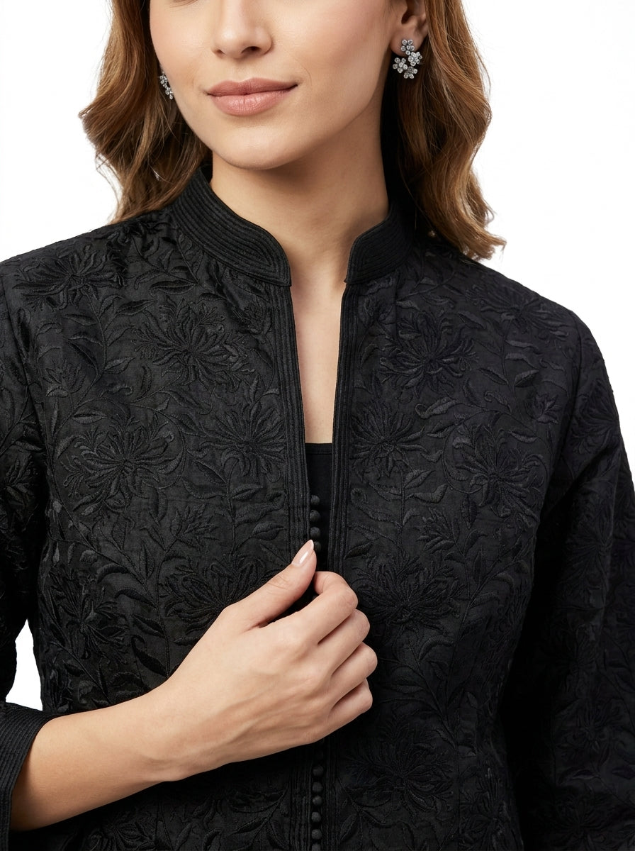 Dupion Silk Gulistan Resham Jaal Embroidered Jacket - Black