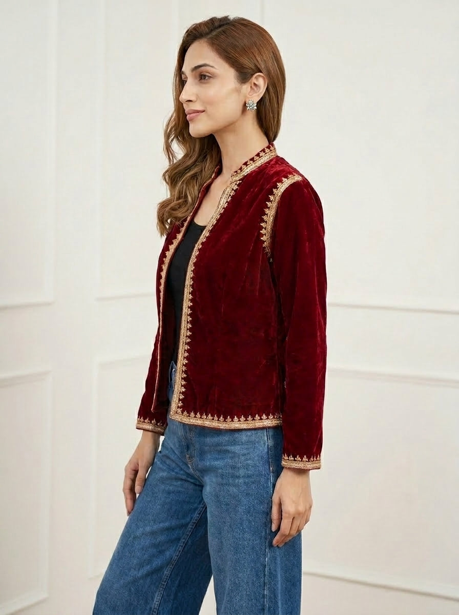 Velvet Small Buti Embroidery Jacket - Maroon