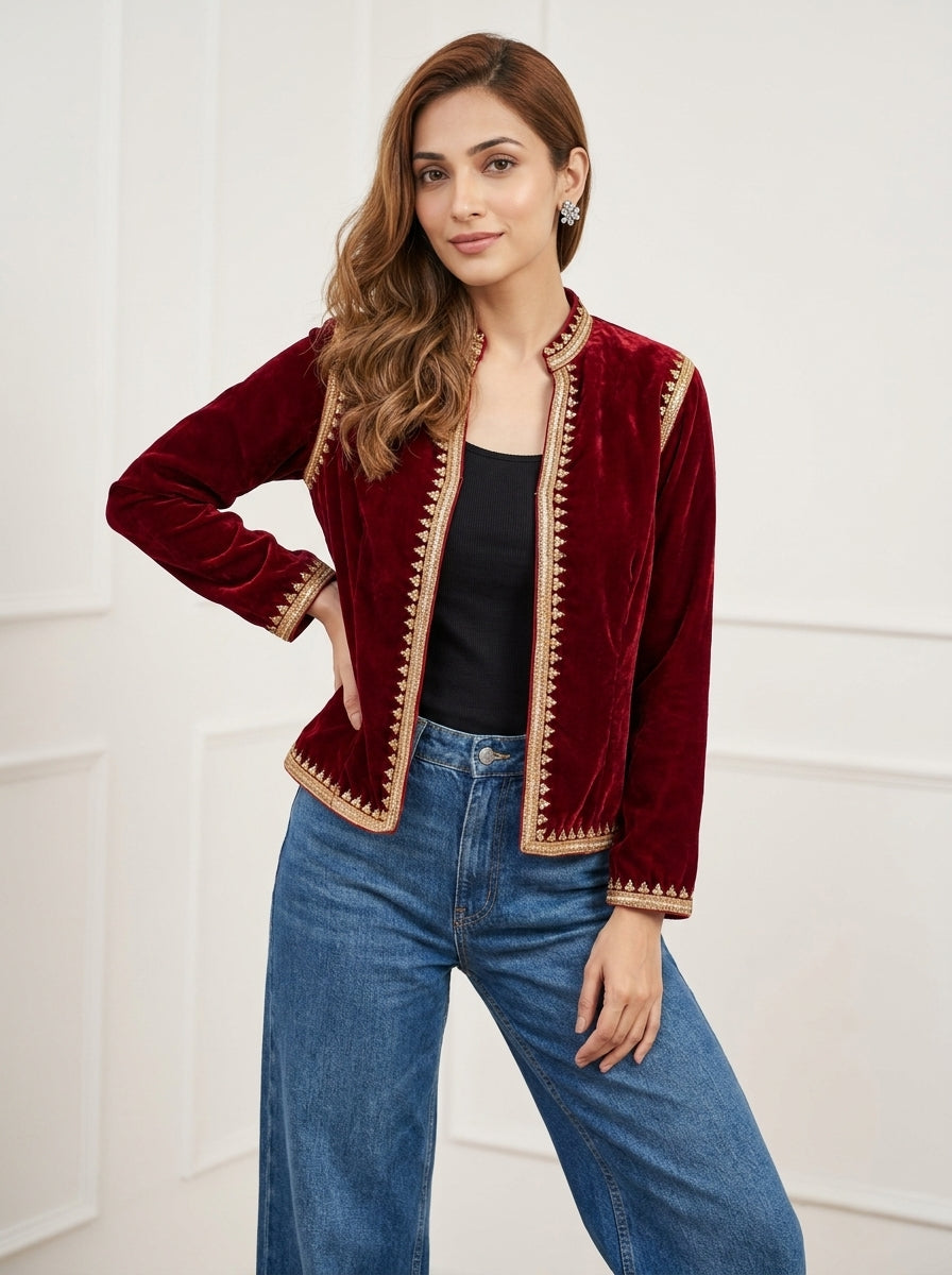 Velvet Small Buti Embroidery Jacket - Maroon