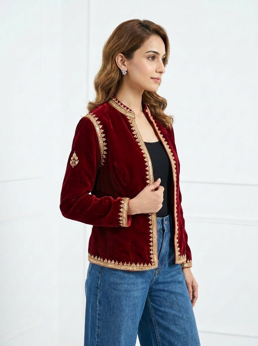 Velvet Small Buti Embroidery Jacket - Maroon