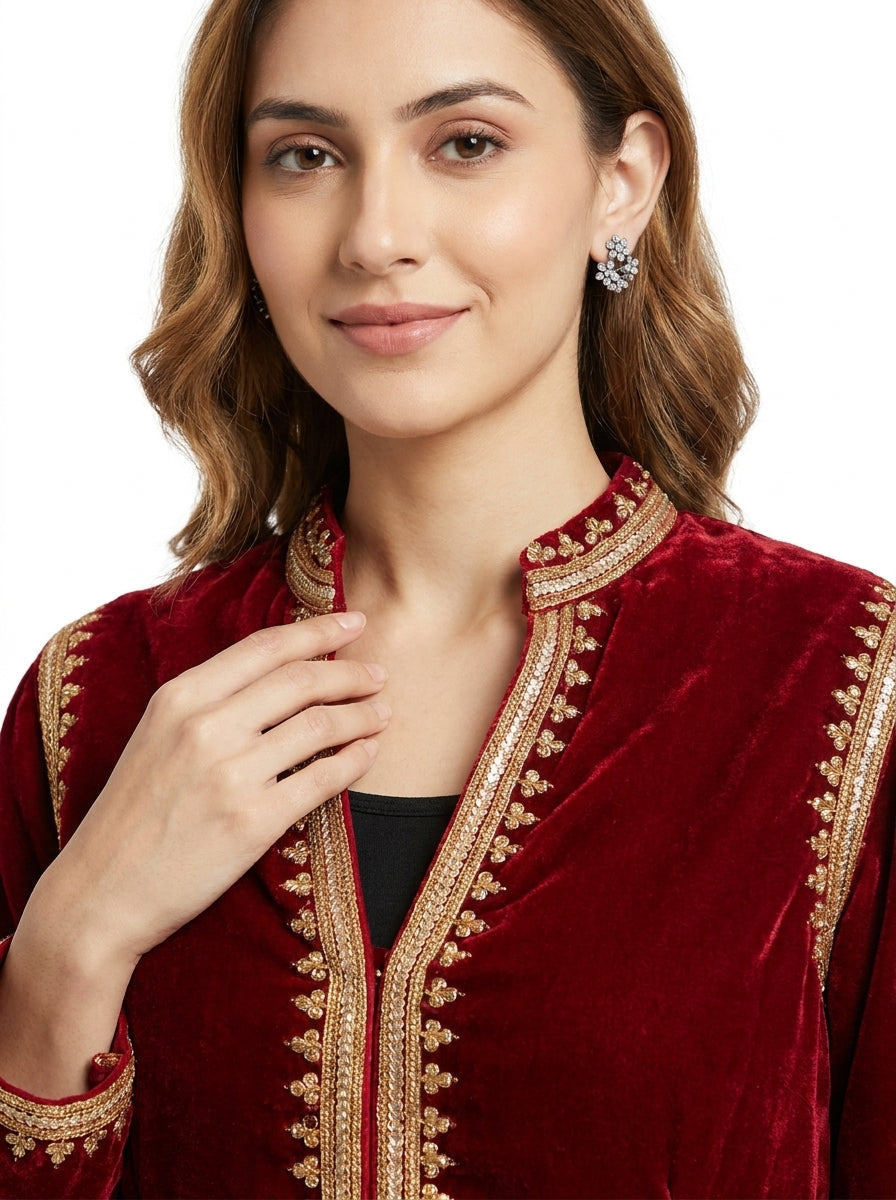 Velvet Small Buti Embroidery Jacket - Maroon