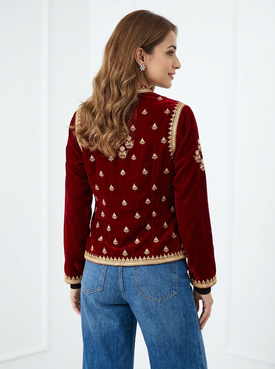 Velvet Small Buti Embroidery Jacket - Maroon