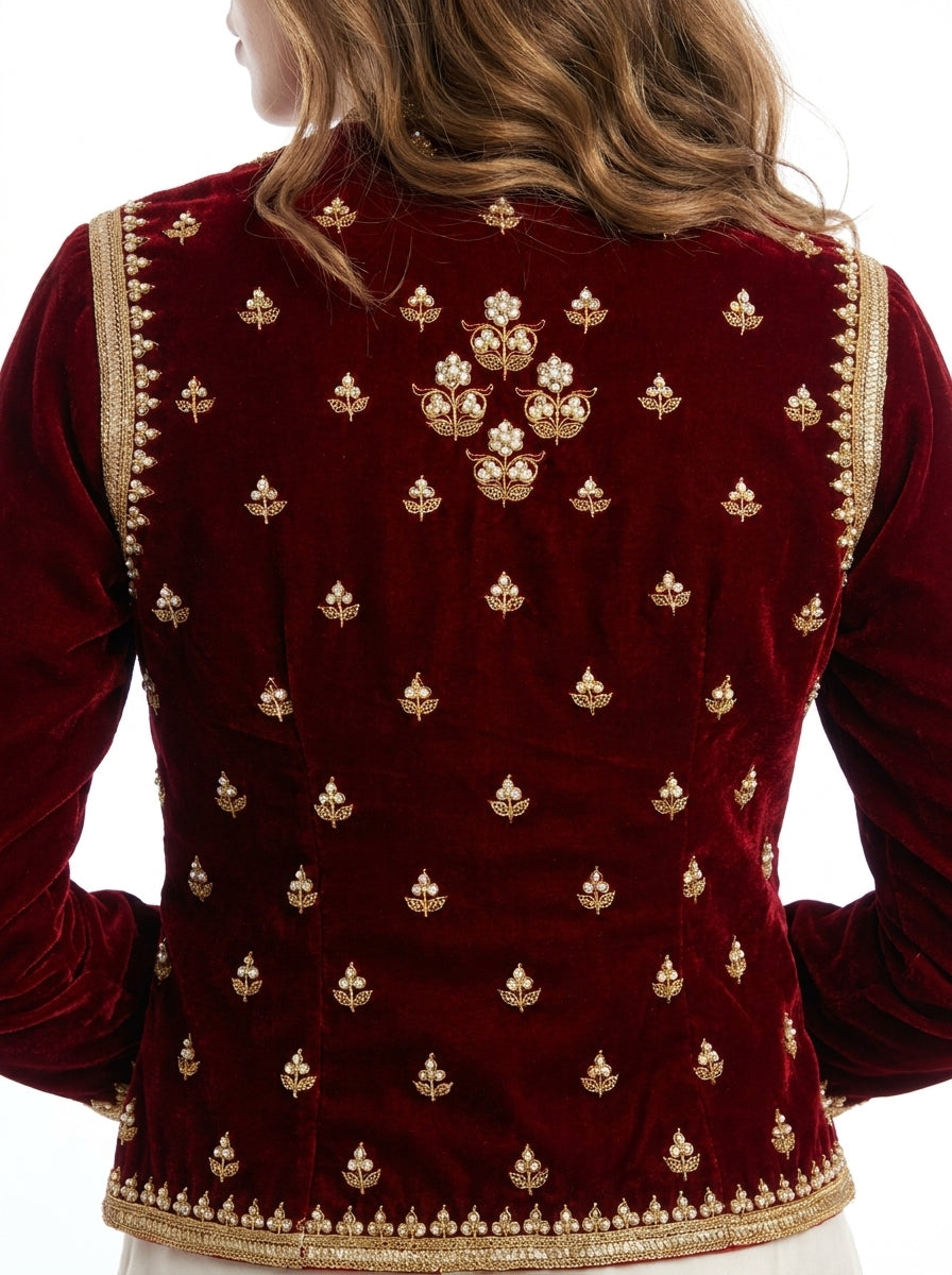 Velvet Small Buti Embroidery Jacket - Maroon