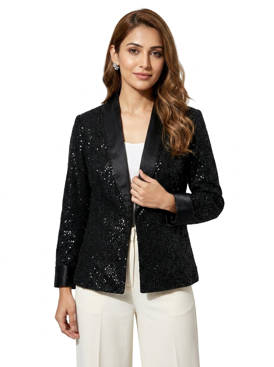 Dupion Silk Chawal Taka  Sequins Jaal Embroidered Jacket - Black